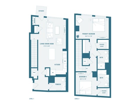 Floor plan for 2 beds, 2.5 baths, 1524 sqft